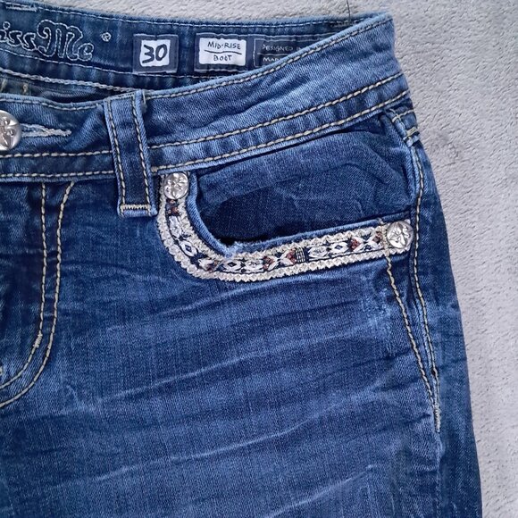 Miss Me Jean Womens 31x28, Tag 30x32 Blue Denim Bootcut Embellished Hemmed Up - Picture 8 of 16